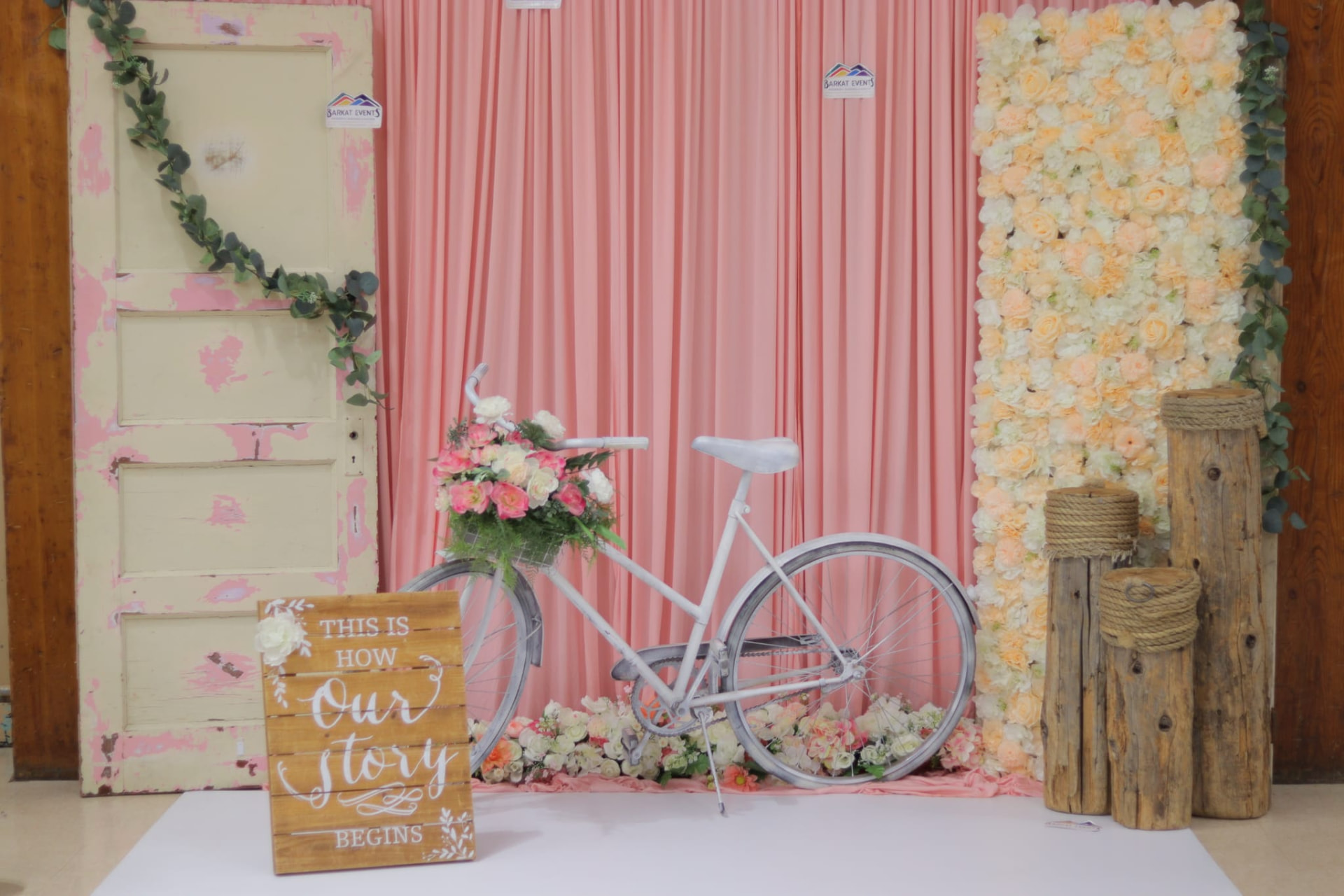 "This is how our story begins" floral bicycle backdrop